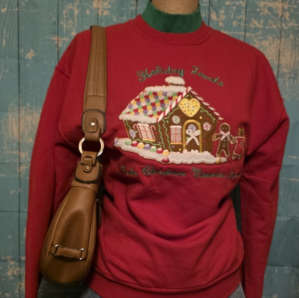 Vintage Christmas Sweater Womens, Embroidered Gingerbread House and Gingerbread - Picture 6 of 15